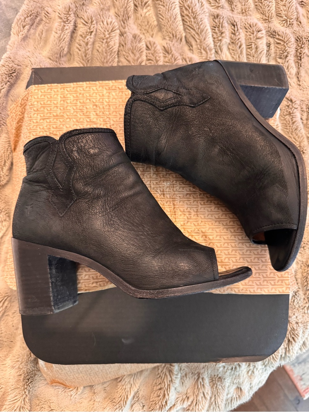 Frye Black Leather Peep-Toe Block Heel Ankle Booties